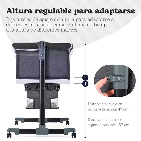 Cuna Colecho de altura ajustable con canasta y mosquitero, cuenta con ruedas con bloqueo de seguridad, material resistente y transpirable