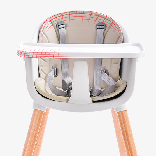 Silla comedor con patas de madera para bebé de 0 a 36 meses, reposapiés y dos alturas ajustables, con bandeja doble posición extraíble