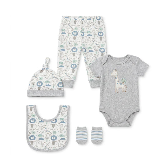 Set 5pz estampado a juego, babero, gorro y medias - Duck Duck