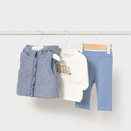 Conjunto 3pz con chaleco leopardo azul, sudadera de manga larga, cuello con capucha, adorno de orejitas, cuello redondo con diseño adorno estampado - Mayoral