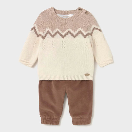 Conjunto con buzo tejido y pantalón café para bebé, jersey de manga larga, cuello redondo, botones en el hombro para facilitar la puesta,  cinturilla elástica, bajo elástico para un mejor ajuste - Mayoral