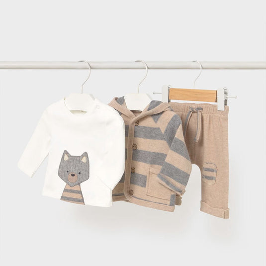 Conjunto de 3pz con diseño de zorrito para recién nacido, sudadera de manga larga, cierre con botones en la parte delantera, bolsillo en la parte delantera, camiseta de manga larga, pantalón con cinturilla elástica con cordón - Mayoral