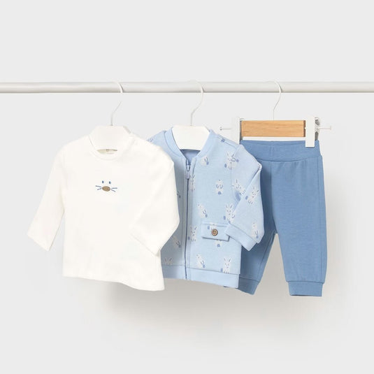 Conjunto 3pz para recién nacido con sudadera, pantalón y camiseta, buzo de manga larga, cierre central delantero con cremallera, camiseta de manga larga, cinturilla elástica - Mayoral