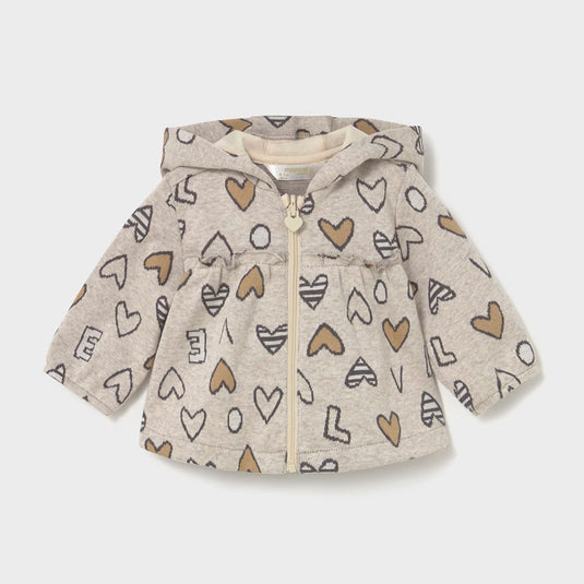 Conjunto 3pz de corazones y muñequitas para bebé, cuello con capucha, cierre central delantero con cremallera, camiseta de manga larga para recién nacida, cinturilla elástica - Mayoral