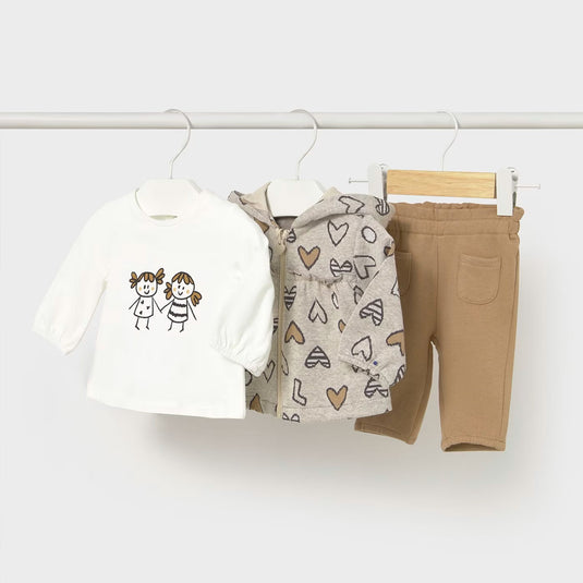 Conjunto 3pz de corazones y muñequitas para bebé, cuello con capucha, cierre central delantero con cremallera, camiseta de manga larga para recién nacida, cinturilla elástica - Mayoral