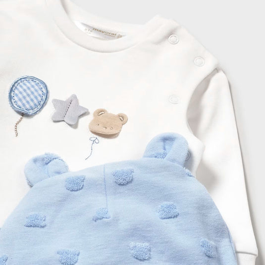 Conjunto de tres piezas manga larga para recién nacido, cuello redondo, botones a presión en el hombro, cuello cruzado y abertura lateral, con cinturilla elástica y adorable gorro a juego - Mayoral