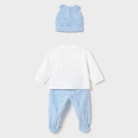 Conjunto de tres piezas manga larga para recién nacido, cuello redondo, botones a presión en el hombro, cuello cruzado y abertura lateral, con cinturilla elástica y adorable gorro a juego - Mayoral