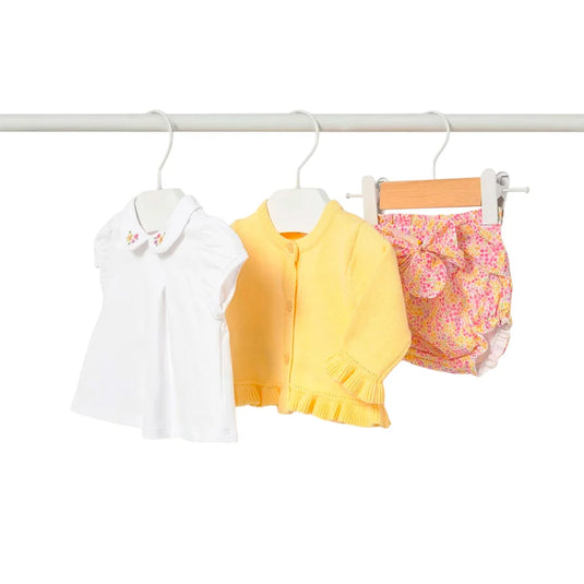 Conjunto 3 piezas con buzo tejido amarillo y blusa - Mayoral