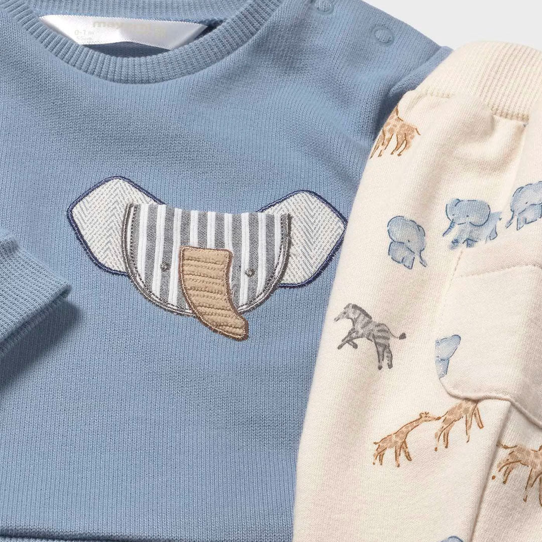 Conjunto de 2pz con diseño estampado buzo y pantalón para bebé, color azul, sudadera de manga larga, cuello redondo, botones a presión en el hombro para facilitar la puesta de la prenda, pantalón con cinturilla elástica - Mayoral