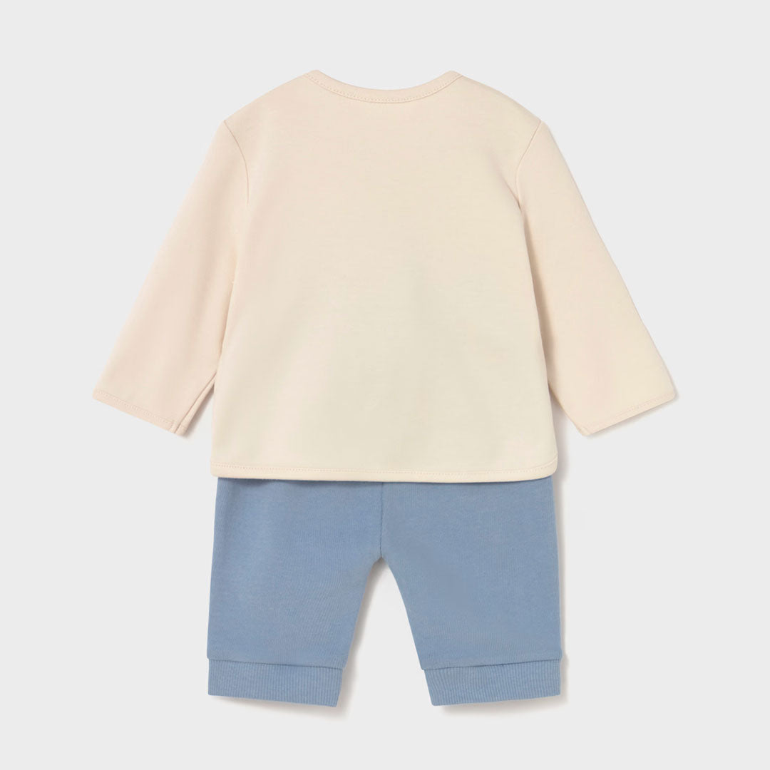 Conjunto de 2pz con diseño estampado buzo y pantalón para bebé, color azul, sudadera de manga larga, cuello redondo, botones a presión en el hombro para facilitar la puesta de la prenda, pantalón con cinturilla elástica - Mayoral