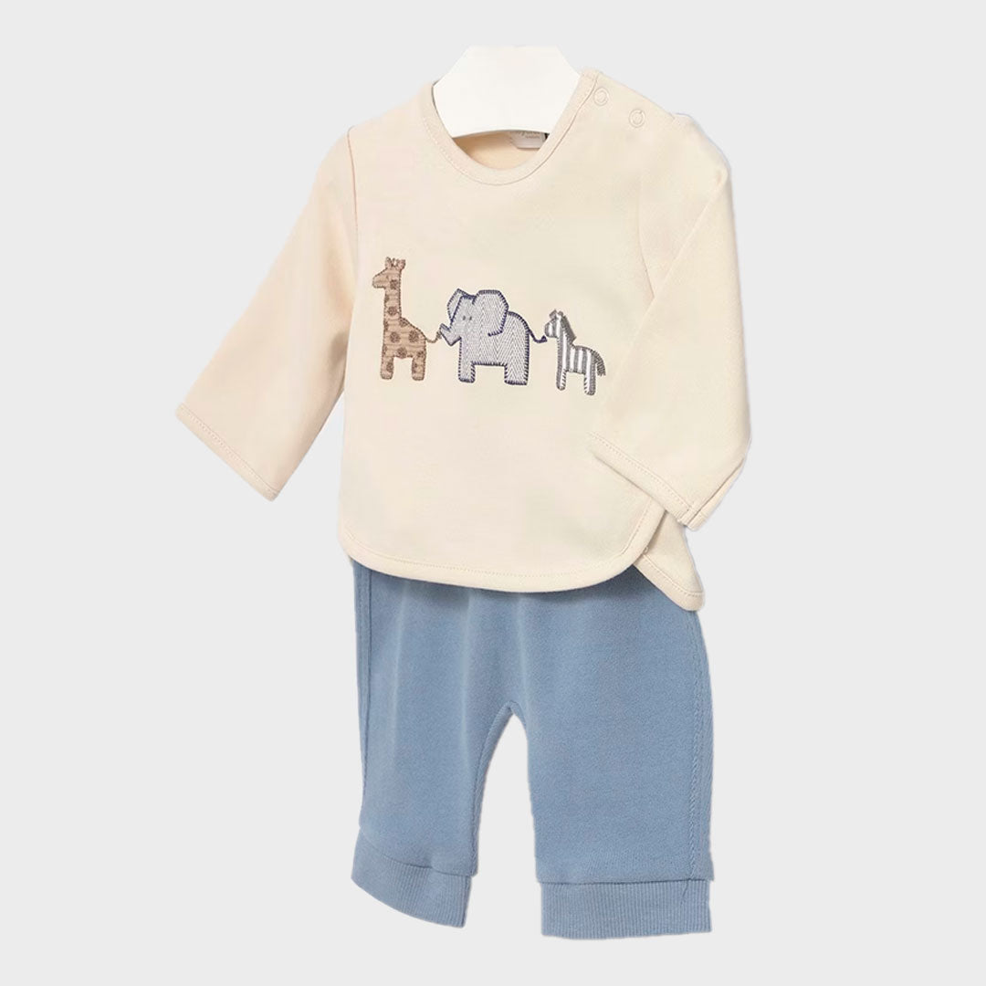 Conjunto de 2pz con diseño estampado buzo y pantalón para bebé, color azul, sudadera de manga larga, cuello redondo, botones a presión en el hombro para facilitar la puesta de la prenda, pantalón con cinturilla elástica - Mayoral