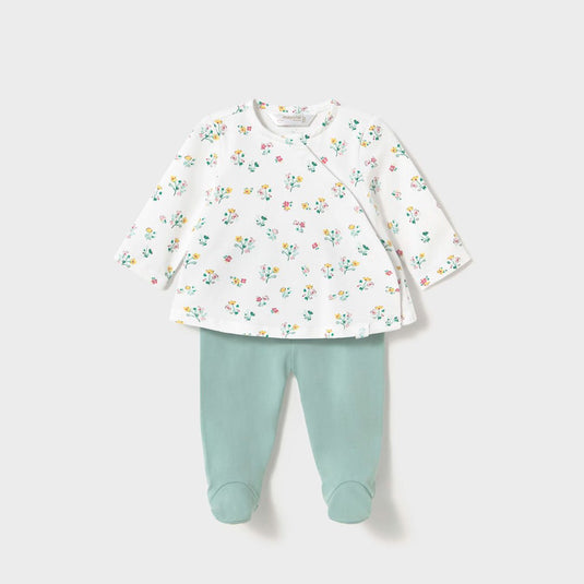 Conjunto de dos piezas manga larga para recién nacido, pantalón y camiseta estampada, cierre lateral con botones a presión, pantalón con pies, cinturilla elástica - Mayoral