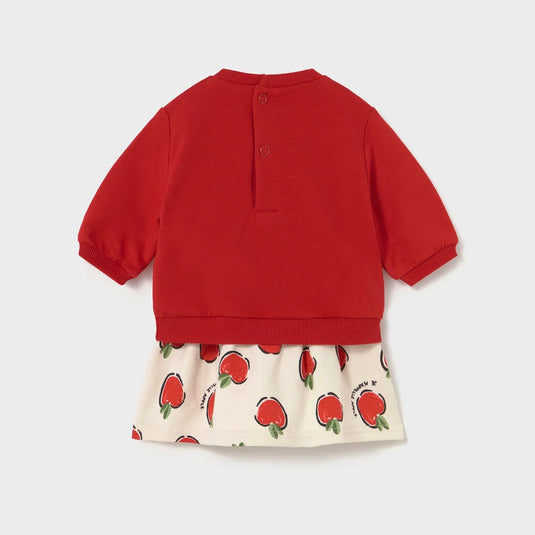 Conjunto 2pz diseño de manzanitas rojas para bebé, sudadera de manga larga para recién nacida, cuello redondo, cierre con botones a presión en la parte posterior, suave tejido de algodón elástico, cinturilla elástica con cordón - Mayoral