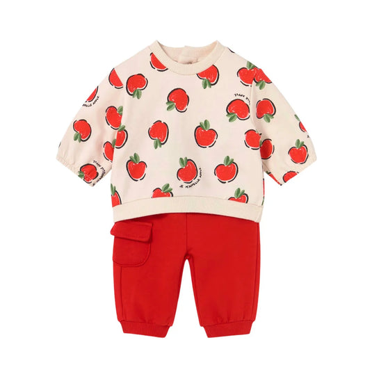 Conjunto 2pz diseño de manzanitas rojas para bebé, sudadera de manga larga para recién nacida, cuello redondo, cierre con botones a presión en la parte posterior, suave tejido de algodón elástico, cinturilla elástica con cordón - Mayoral