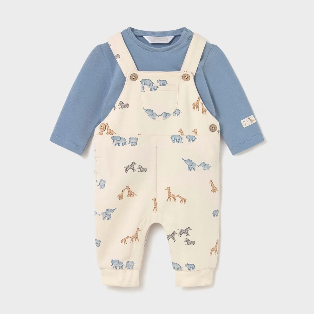 Conjunto Overall beige con estampado de sabana, camiseta de manga larga color celeste para recién nacido, cuello redondo, botones a presión en la entrepierna para facilitar la puesta de la prenda - Mayoral