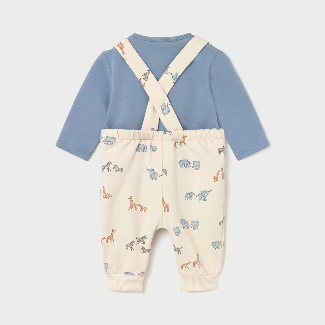 Conjunto Overall beige con estampado de sabana, camiseta de manga larga color celeste para recién nacido, cuello redondo, botones a presión en la entrepierna para facilitar la puesta de la prenda - Mayoral