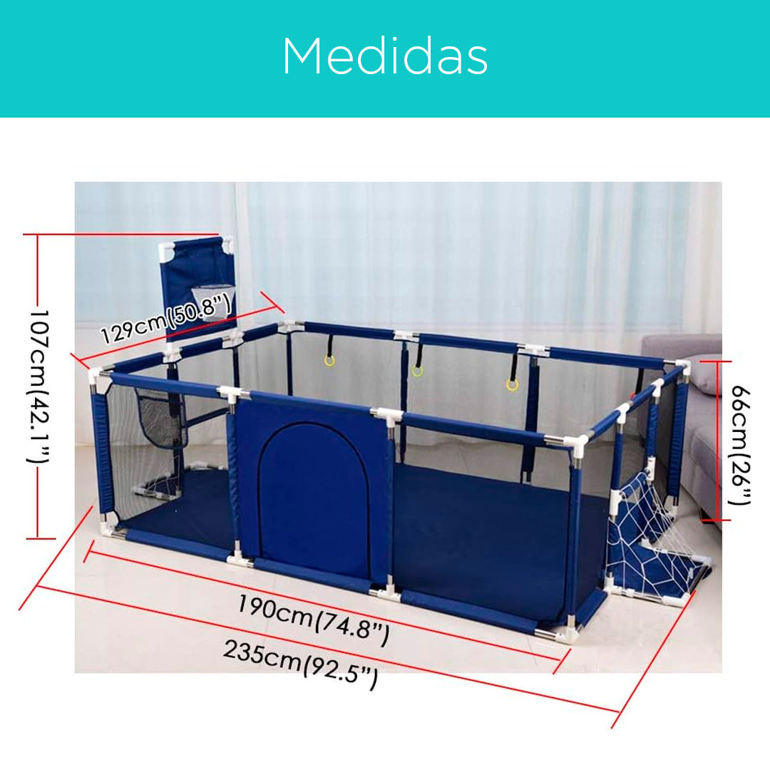 Corral de juegos y centro de actividades multifuncional, Corral de juegos para bebé con aro de baloncesto y arcos de futbol, incluye paquete de pelotitas