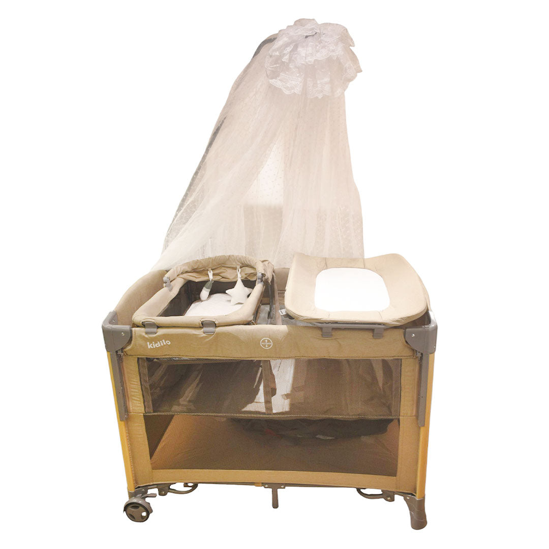 Corral colecho con cambiador y moisés, sistema plegable con bolsa viajera, con ruedas traseras para fácil movimiento, cambiador ajustable a la estructura, con mosquitero retirable - Kidilo