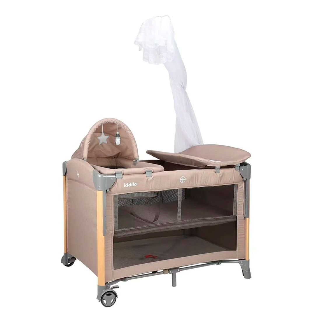 Corral colecho con cambiador y moisés, sistema plegable con bolsa viajera, con ruedas traseras para fácil movimiento, cambiador ajustable a la estructura, con mosquitero retirable - Kidilo