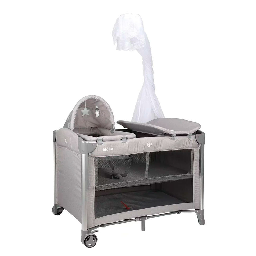 Corral colecho con cambiador y moisés, sistema plegable con bolsa viajera, con ruedas traseras para fácil movimiento, cambiador ajustable a la estructura, con mosquitero retirable - Kidilo