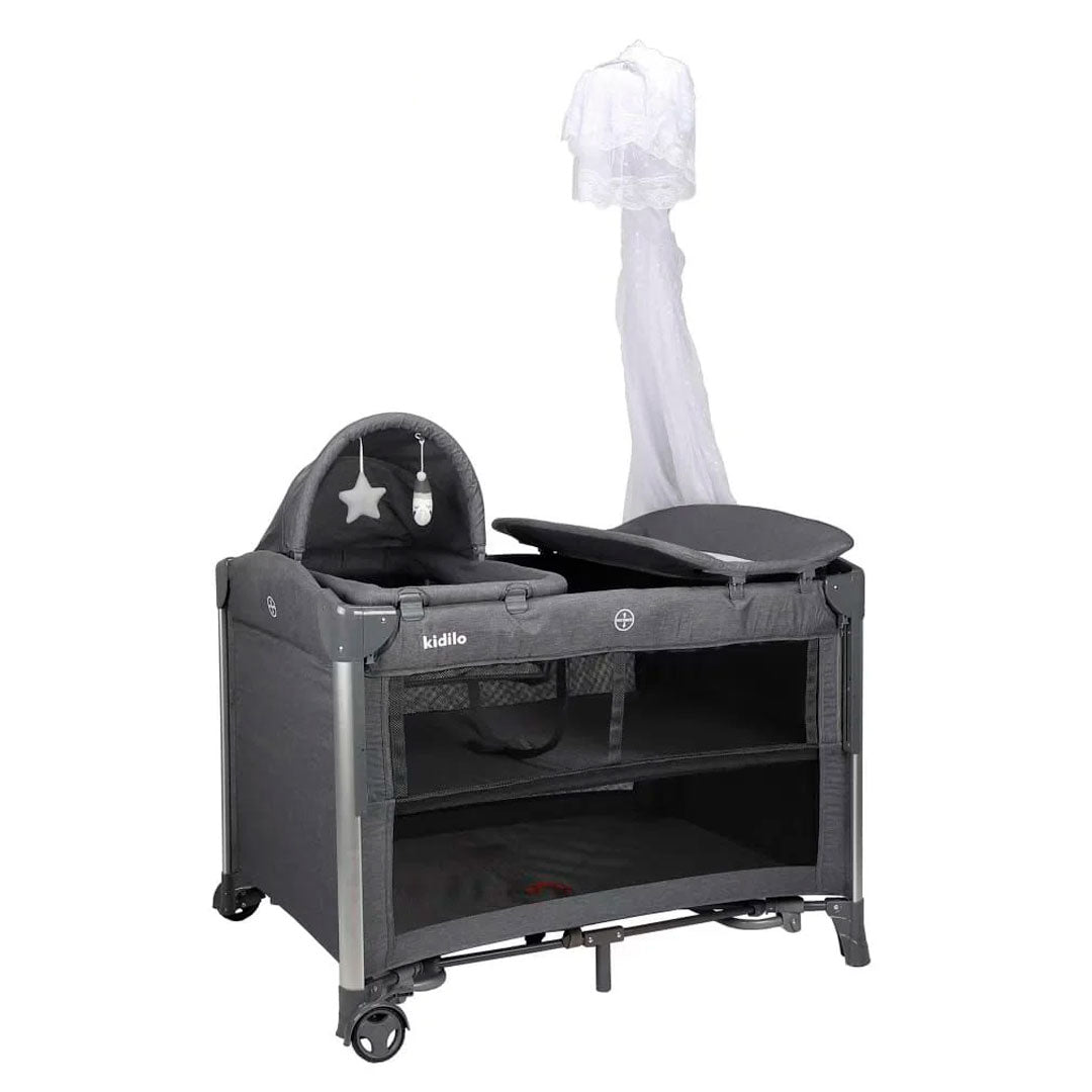 Corral colecho con cambiador y moisés, sistema plegable con bolsa viajera, con ruedas traseras para fácil movimiento, cambiador ajustable a la estructura, con mosquitero retirable - Kidilo