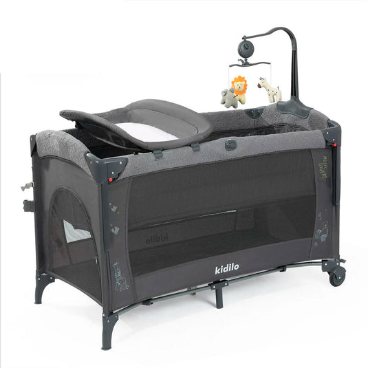 Corral colecho con cambiador y móvil colgante, multifuncional, con cambiador integrado, ruedas para facilitar el moverlo, diseño moderno con laterales en malla - Kidilo