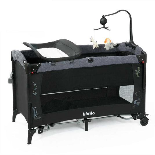 Corral colecho con cambiador y móvil colgante, multifuncional, con cambiador integrado, ruedas para facilitar el moverlo, diseño moderno con laterales en malla - Kidilo