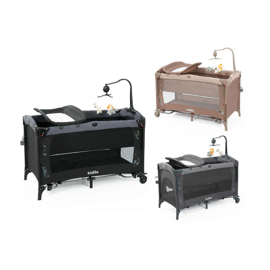 Corral colecho con cambiador y móvil colgante, multifuncional, con cambiador integrado, ruedas para facilitar el moverlo, diseño moderno con laterales en malla - Kidilo