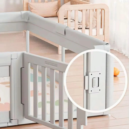 Corral de juego con puerta y malla estampado espacio, puerta con bloqueo de seguridad, de altura ideal para un juego seguro, base antideslizante, maya transpirable y visible a través de ella