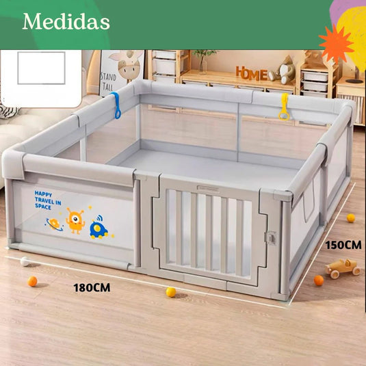 Corral de juego con puerta y malla estampado espacio, puerta con bloqueo de seguridad, de altura ideal para un juego seguro, base antideslizante, maya transpirable y visible a través de ella