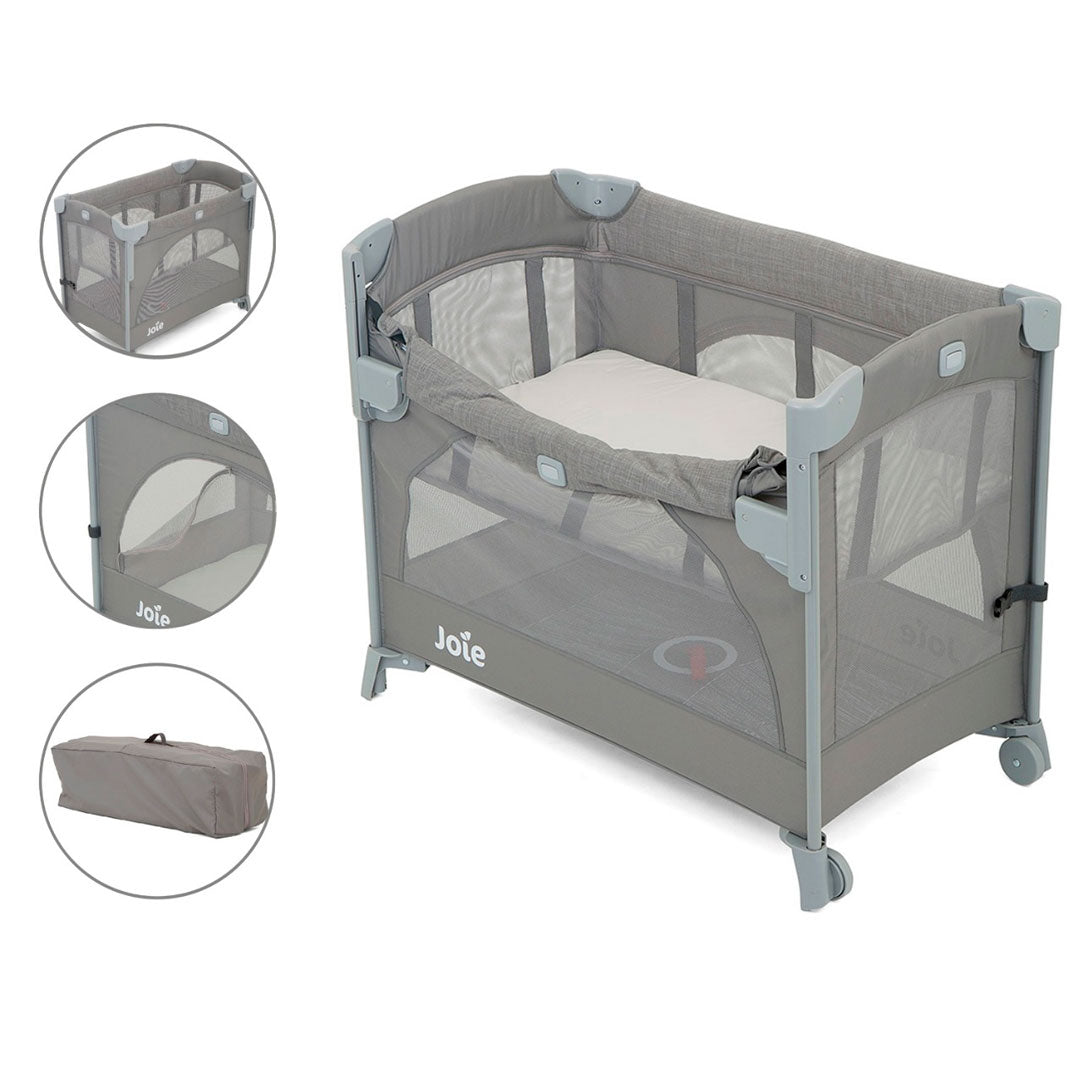 Corral colecho Kubbie Gris dos niveles, con abatible lateral para usarla como colecho, sistema de plegado, con laterales en malla, cierre para ingreso en corral - Joie