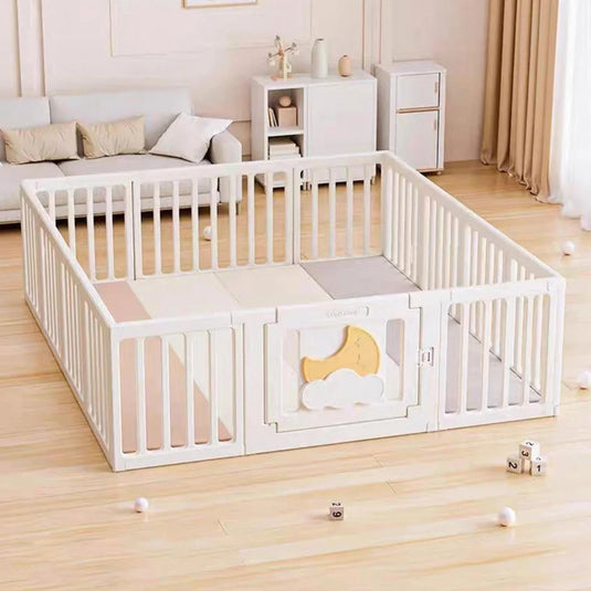 Corral de juego con tapete didáctico de dobleces, puerta con cerradura de seguridad, hecho en material resistente y seguro 100% libre de BPA, centro de juego para bebés