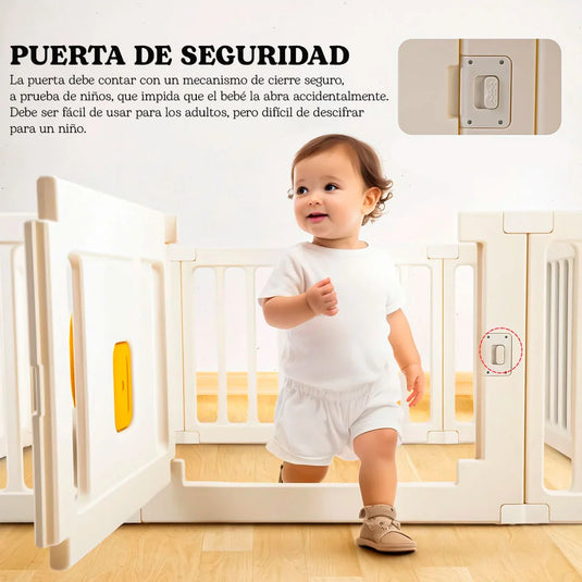 Corral de juego con tapete didáctico de dobleces, puerta con cerradura de seguridad, hecho en material resistente y seguro 100% libre de BPA, centro de juego para bebés