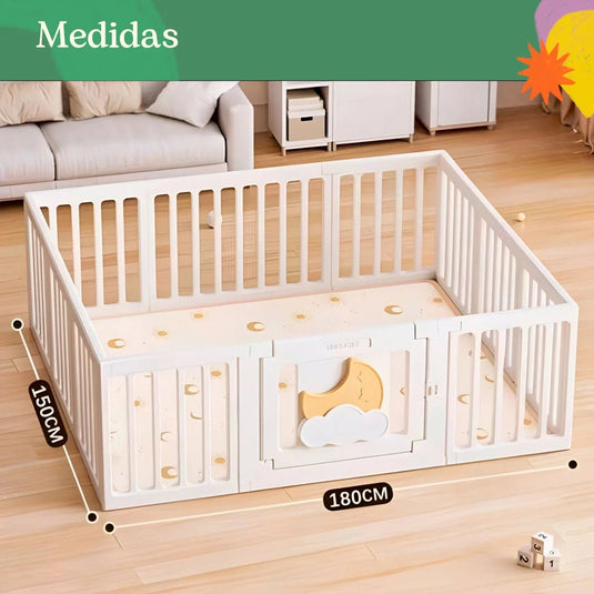 Corral de juego con tapete didáctico de dobleces, puerta con cerradura de seguridad, hecho en material resistente y seguro 100% libre de BPA, centro de juego para bebés