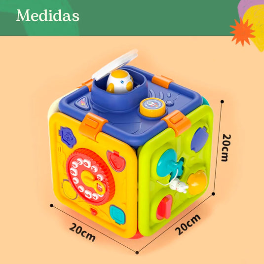 Cubo didáctico multiactividades con luces y sonidos, juguete sensorial con diferentes colores y formas, sin bordes afilados hecho en material 100% libre de BPA, diseño desplegable