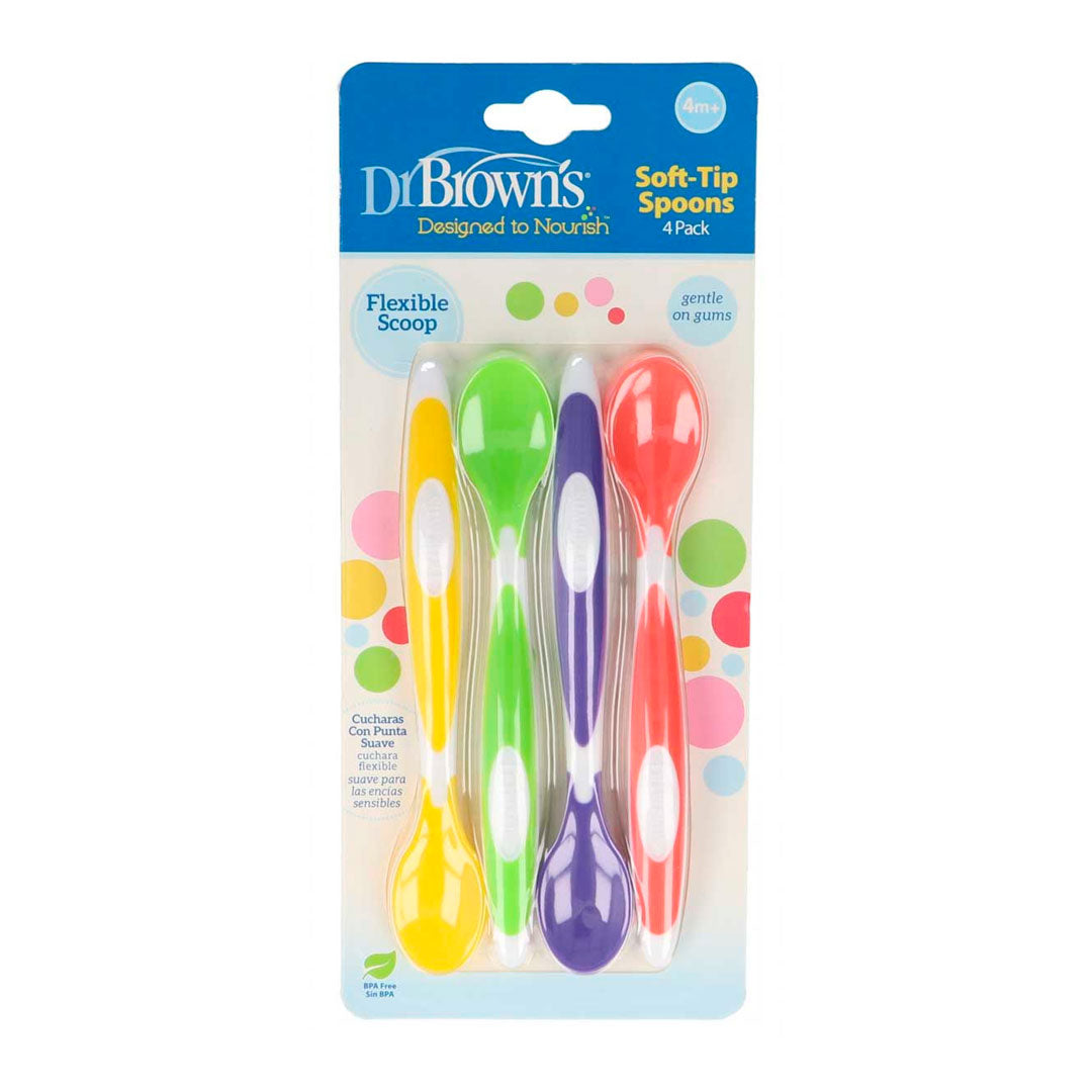 Set x4 cucharas de punta de silicona suave multicolor, flexible y poco profunda, hecha en material de calidad 100% libre de BPA, mango largo, fácil de limpiar - Dr Brown's