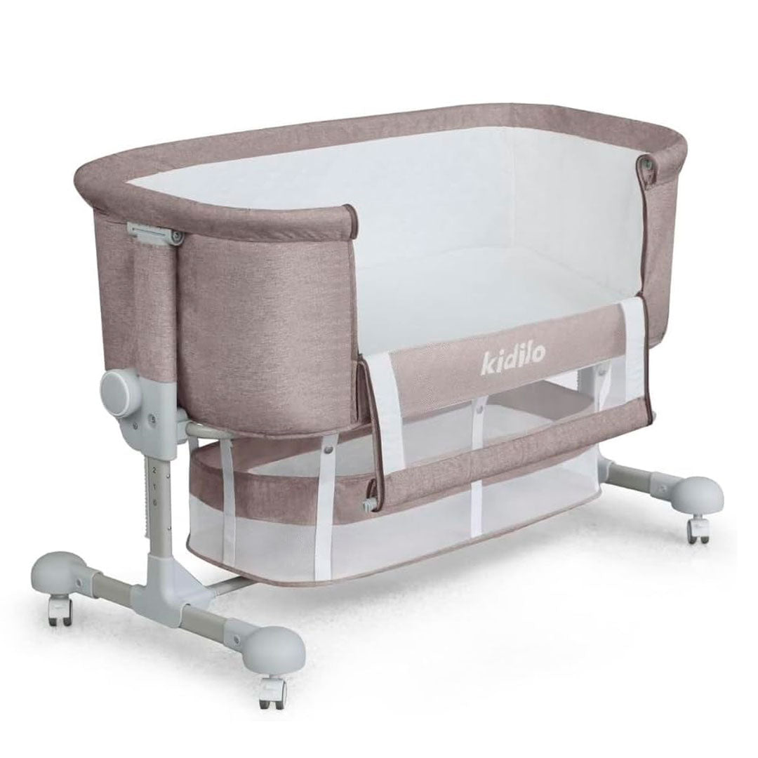 Cuna colecho con altura ajustable, canasta y mosquitero, sistema de plegado, amplio espacio de almacenamiento inferior, con ruedas para facilitar su movilidad, 6 niveles de altura ajustable - Kidilo