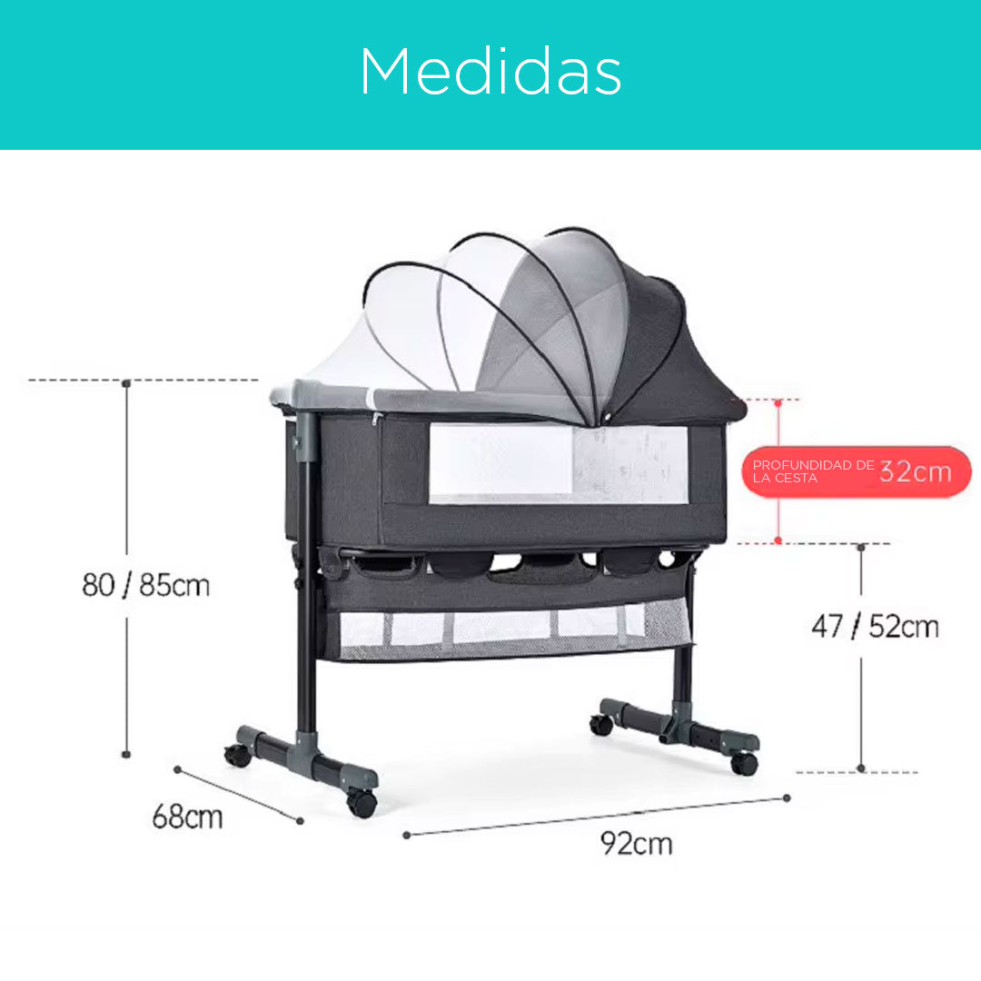 Cuna colecho con altura ajustable para bebé recién nacido, ruedas suaves con bloqueo, cesta de almacenamiento y mosquitero, con laterales en malla trasnpirable - Mobilu