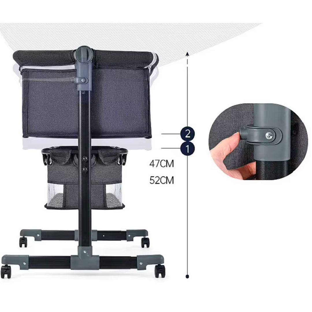 Cuna colecho con altura ajustable para bebé recién nacido, ruedas suaves con bloqueo, cesta de almacenamiento y mosquitero, con laterales en malla trasnpirable - Mobilu
