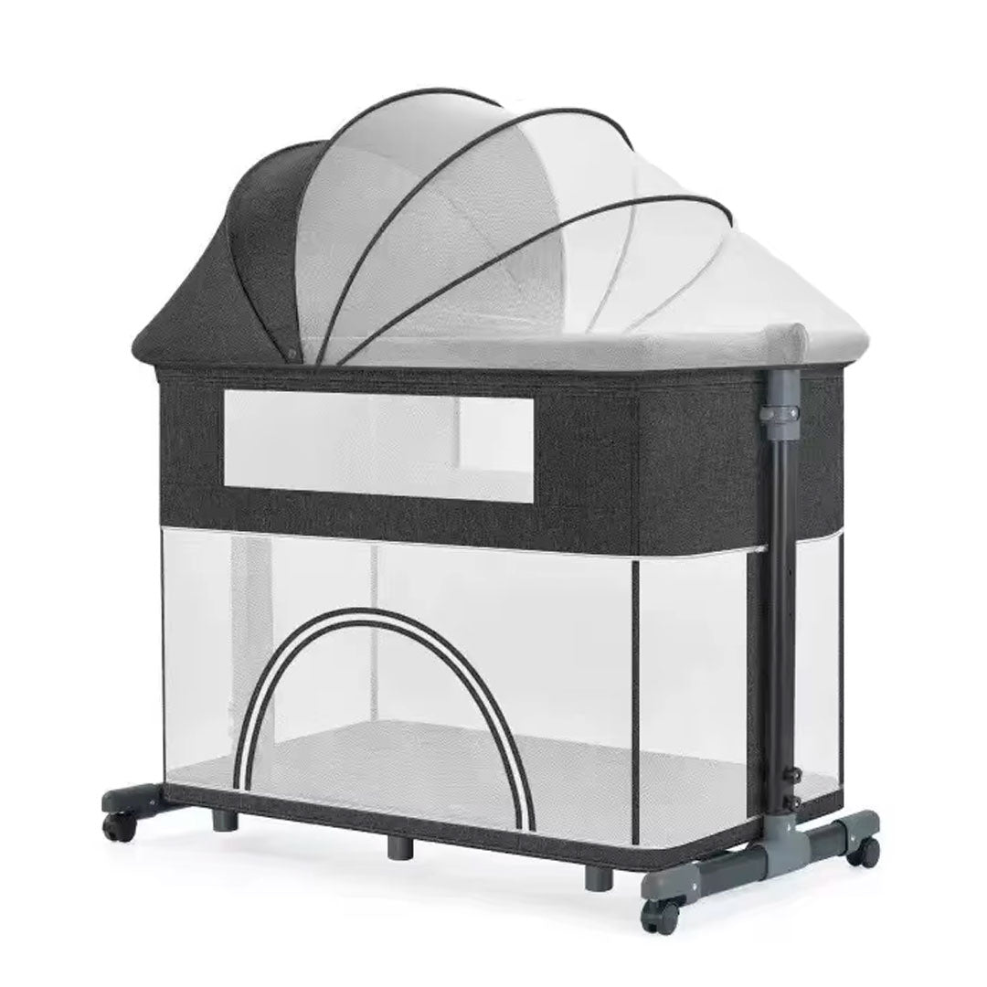 Cuna colecho de 2 niveles y altura ajustable, multifuncional como corral, con sistema plegable, capota con mosquitero, laterales en malla, ruedas para facilitar su movimiento