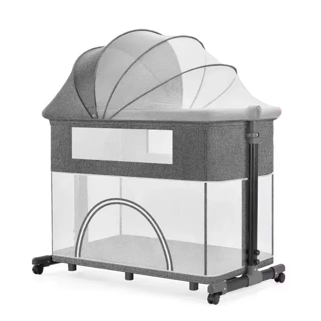 Cuna colecho de 2 niveles y altura ajustable, multifuncional como corral, con sistema plegable, capota con mosquitero, laterales en malla, ruedas para facilitar su movimiento