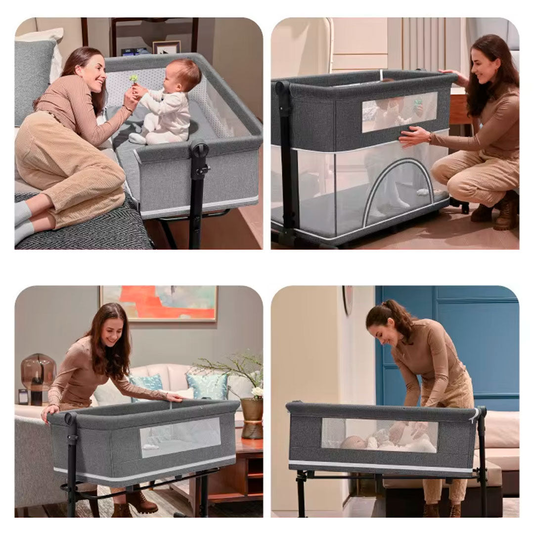Cuna colecho de 2 niveles y altura ajustable, multifuncional como corral, con sistema plegable, capota con mosquitero, laterales en malla, ruedas para facilitar su movimiento