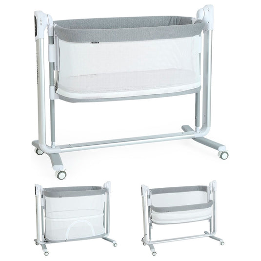 Cuna colecho eléctrica gris para bebé, multifuncional como corral, con 5 niveles de altura y ajuste Antirreflujo, cuenta con control remoto, diferentes ajustes de velocidad - PupiKids