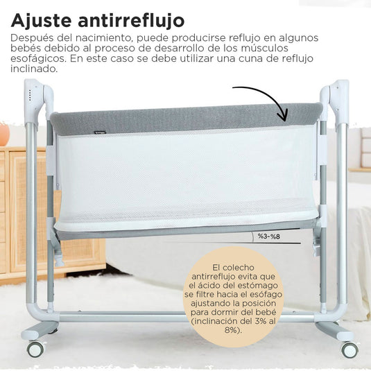 Cuna colecho eléctrica gris para bebé, multifuncional como corral, con 5 niveles de altura y ajuste Antirreflujo, cuenta con control remoto, diferentes ajustes de velocidad - PupiKids