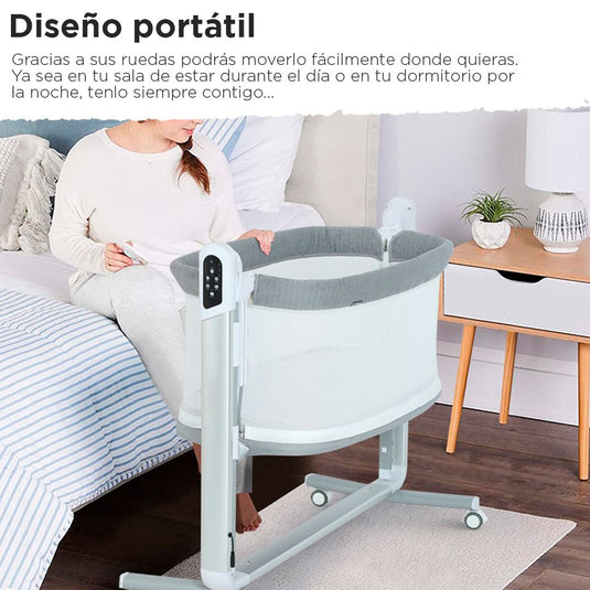 Cuna colecho eléctrica gris para bebé, multifuncional como corral, con 5 niveles de altura y ajuste Antirreflujo, cuenta con control remoto, diferentes ajustes de velocidad - PupiKids