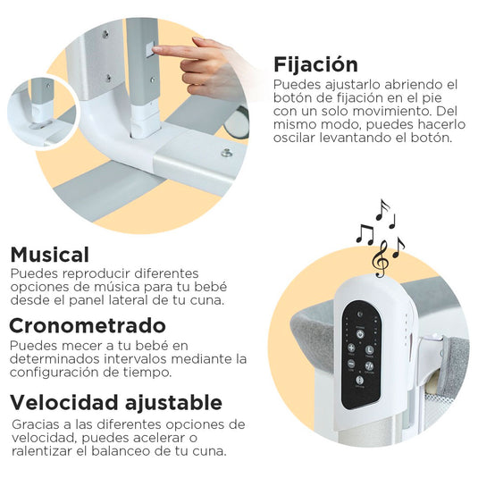 Cuna colecho eléctrica gris para bebé, multifuncional como corral, con 5 niveles de altura y ajuste Antirreflujo, cuenta con control remoto, diferentes ajustes de velocidad - PupiKids