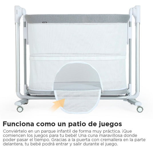 Cuna colecho eléctrica gris para bebé, multifuncional como corral, con 5 niveles de altura y ajuste Antirreflujo, cuenta con control remoto, diferentes ajustes de velocidad - PupiKids