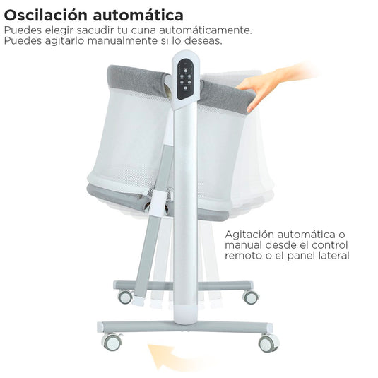 Cuna colecho eléctrica gris para bebé, multifuncional como corral, con 5 niveles de altura y ajuste Antirreflujo, cuenta con control remoto, diferentes ajustes de velocidad - PupiKids