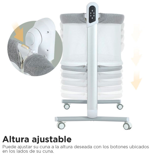 Cuna colecho eléctrica gris para bebé, multifuncional como corral, con 5 niveles de altura y ajuste Antirreflujo, cuenta con control remoto, diferentes ajustes de velocidad - PupiKids