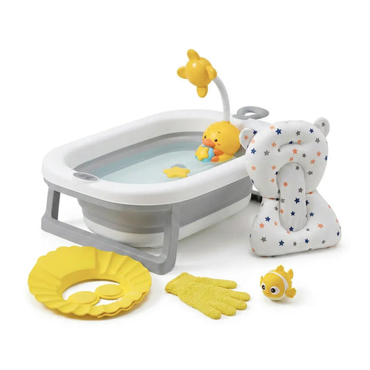 Combo de baño 6 en 1 para bebé con bañera plegable, almohadilla, ducha eléctrica de patito, juguetes, guantes y visera de baño